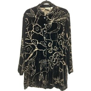 Chico’s Design Black Velvet Silk Blend Burnout Floral Mandarin Collar Tu…